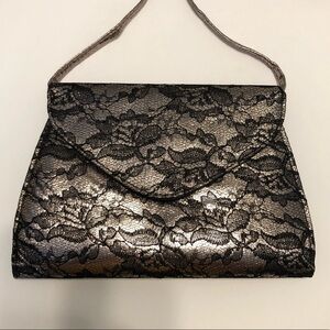 NEIMAN Marcus Metallic Evening Bag with Black Lace Overlay